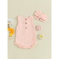 thumbnail image 5 of FEORJGP Infant Baby Girls Basic Ruffled Rompers Sleeveless Jumpsuit Solid Color Crew Neck Bodysuits Newborn Cute Casual Soft Summer Clothes with Headband, 5 of 9