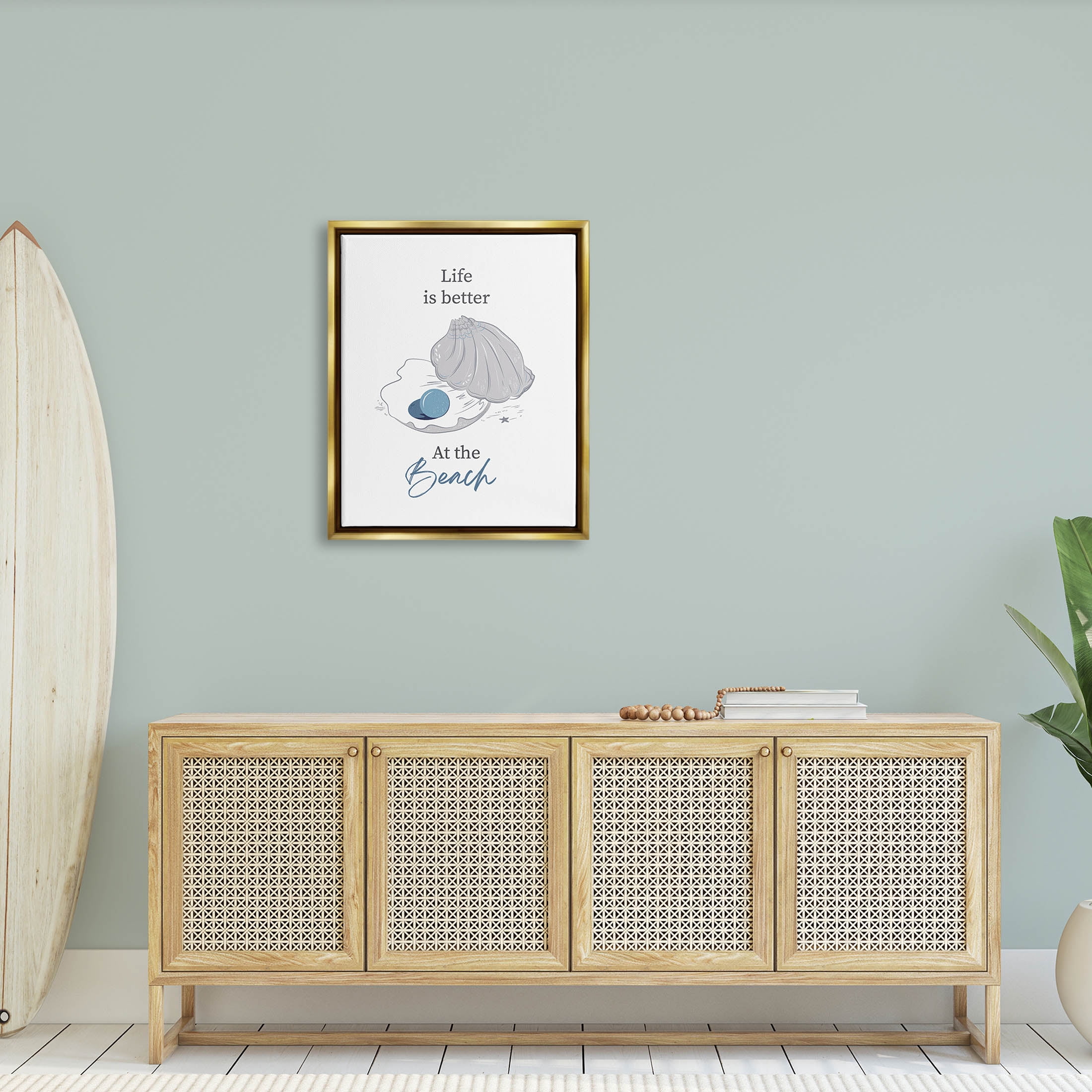 Life Better At Beach Clam Pearl Animals & Insects Graphic Art Metallic Gold Framed Art Print Wall Art