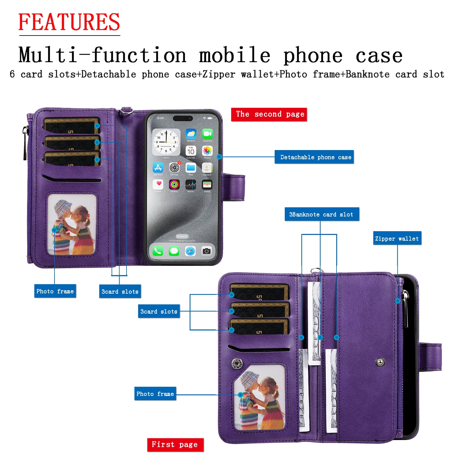 Dteck for iPhone 16 Wallet Case, 2 In 1 Detachable Protective Phone Case Women Men Kickstand flip Cover Wrist Strap Zipper Credit Card Holder Slots for iPhone 16,Purple