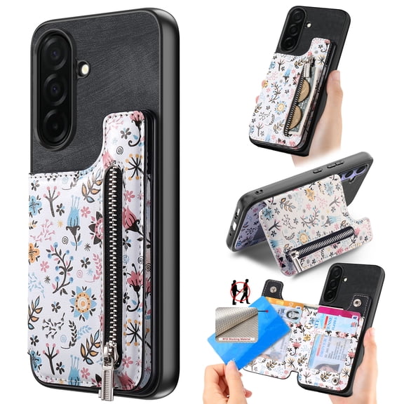 Designed for Samsung Galaxy S26, PU Leather Floral Pattern Card Slots Back Case, Zipper Storage Design Kickstand RFID Blocking Material Built-in Magnetic Car Mount Function Phone Cover, Black