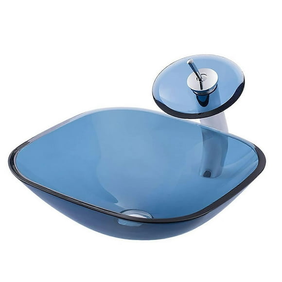 Bathroom vessel sink, tempered glass vessel sink, countertop wash basin, blue art vessel sink with waterfall.