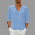 thumbnail image 2 of skpabo Men's Long Sleeve Top Warehouse Mens Solid Color Cotton Linen Shirt Loose Fit Casual V Neck Summer Beach Shirt Comfortable Lightweight Plain Grandad Shirts Tops, 2 of 6