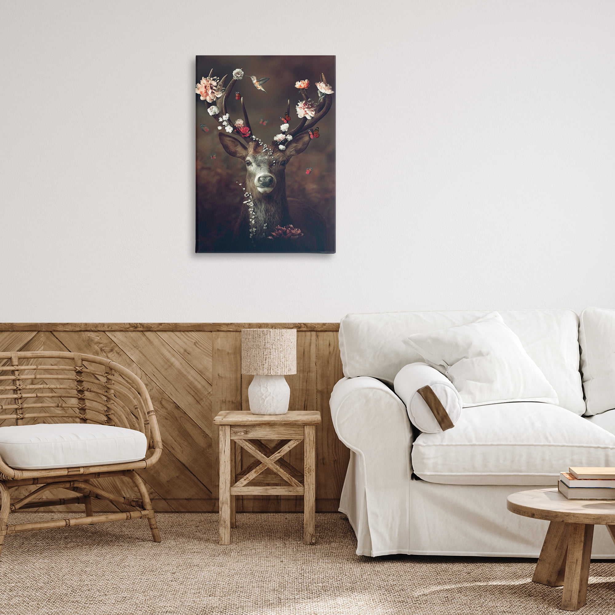 Stupell Industries Flower Bedecked Antlers Animals Painting Wrapped Canvas Art Print Wall Art, 20 x 30