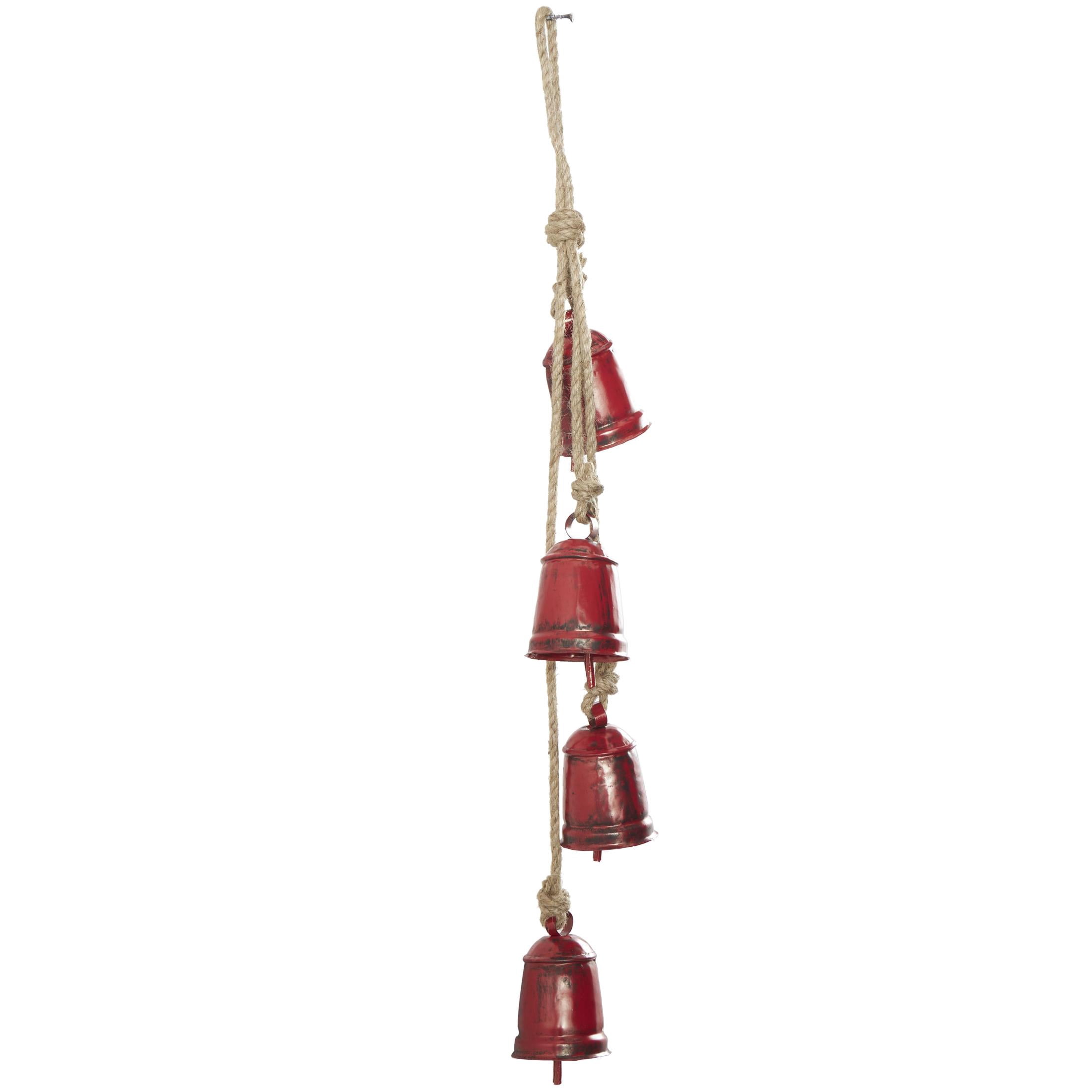 DecMode Tibetan Inspired Cascading Red Metal Cylindrical Decorative Cow Bells with 4 Bells on Jute Hanging Rope