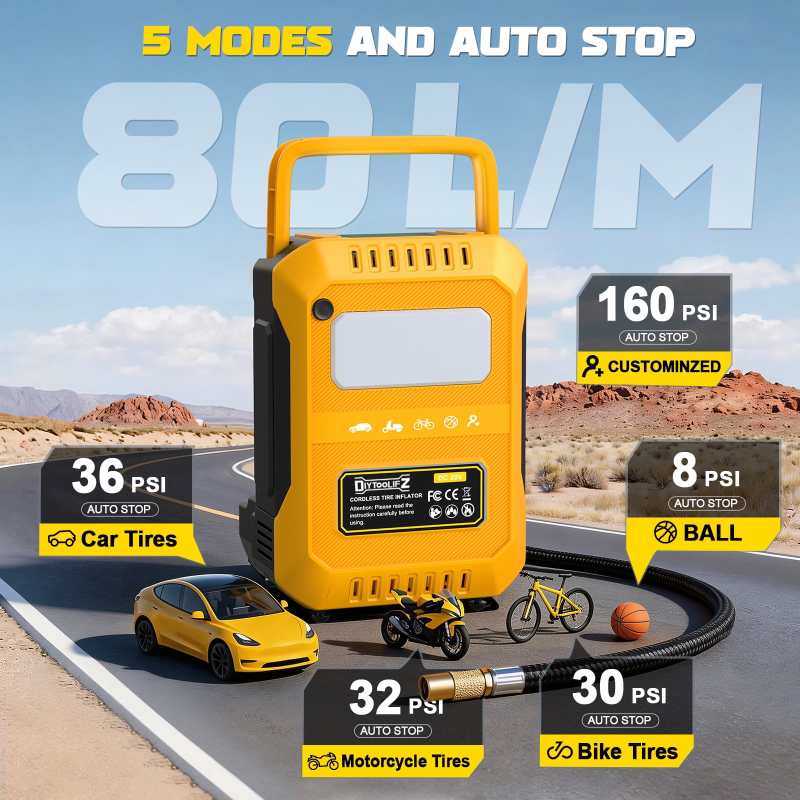 Tire Inflator Portable Air Compressor Compatible with Dewalt 20V Battery, Cordless Bike Pump 160 PSI Car Tires Air Pump with LED Lights & Digital LED Display for Auto, Motorcycles, Balls (Tool Only)