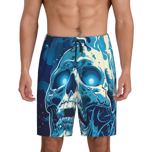 Balery Abstract Blue Skull Pantalones cortos de pijama de punto de algodón para hombre con cinturilla y bolsillos-Small