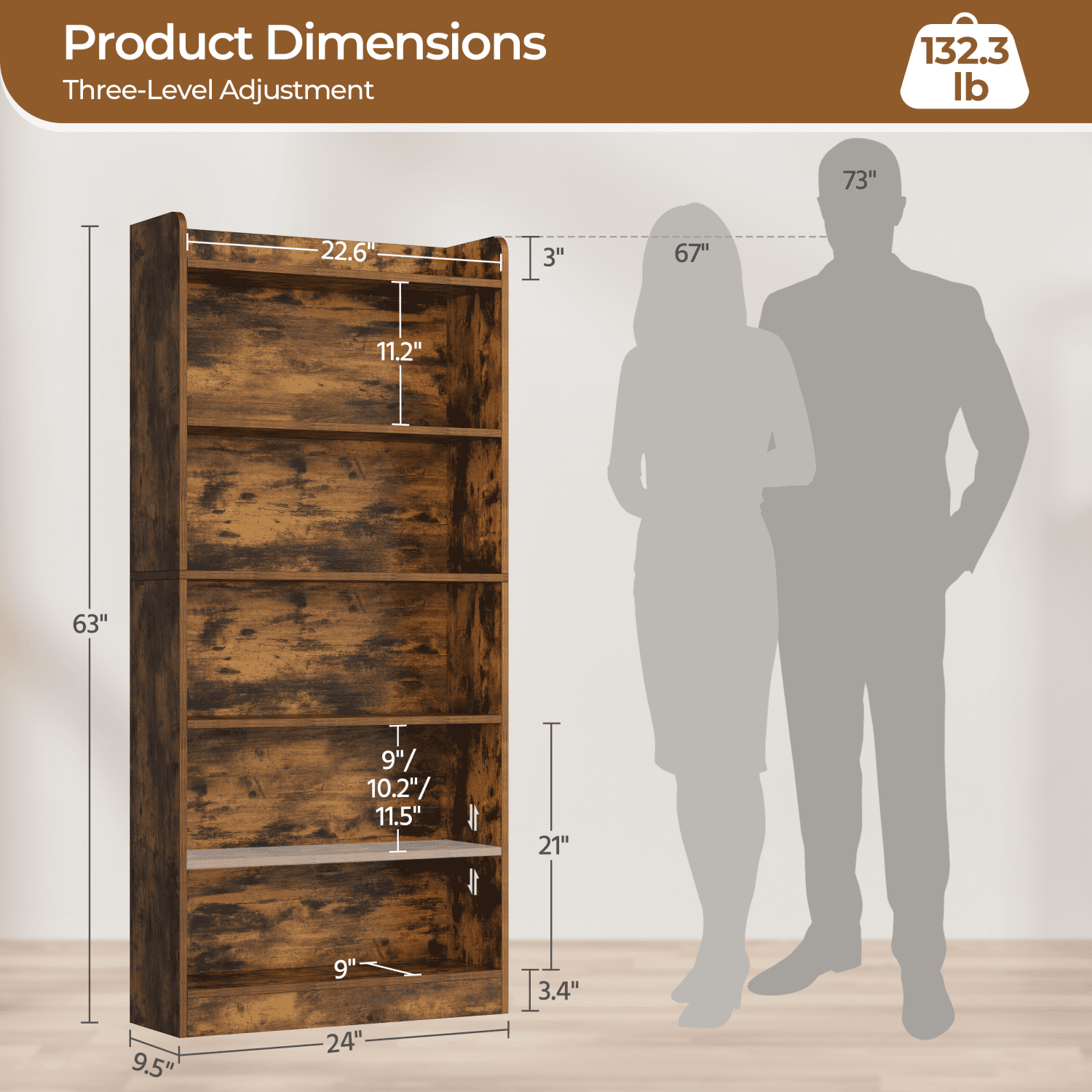 Renwick 6-Tier Open Shelf Bookcase with Top Open Compartment, Rustic Brown
