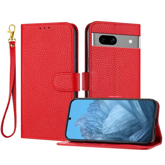 ELEHOLD Wallet Case for Google Pixel 7A, Shockproof Leather Stand Case with Magnetic Clasp & Hand Strap,Red