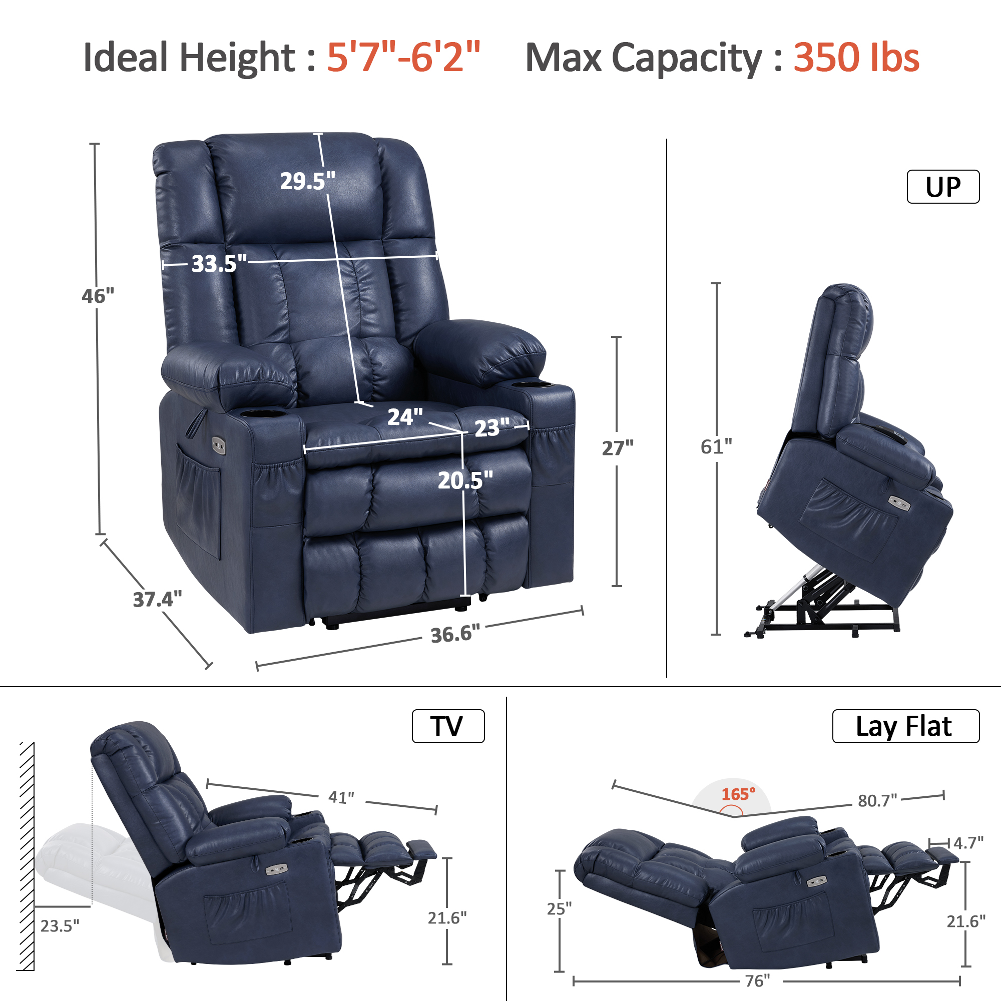 MCombo Large Lay Flat Dual Motor Power Lift Recliner for Big and Tall Elderly, Faux Leather(Blue)