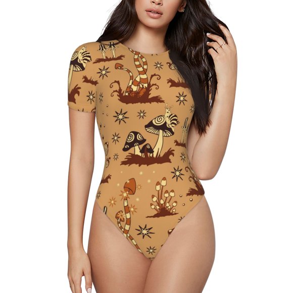 Saiise Brown Mushrooms Pattern Women's Short-Sleeved Onesie Round Neck Pajamas Stretchy Bodysuit with Snap Closure-Medium