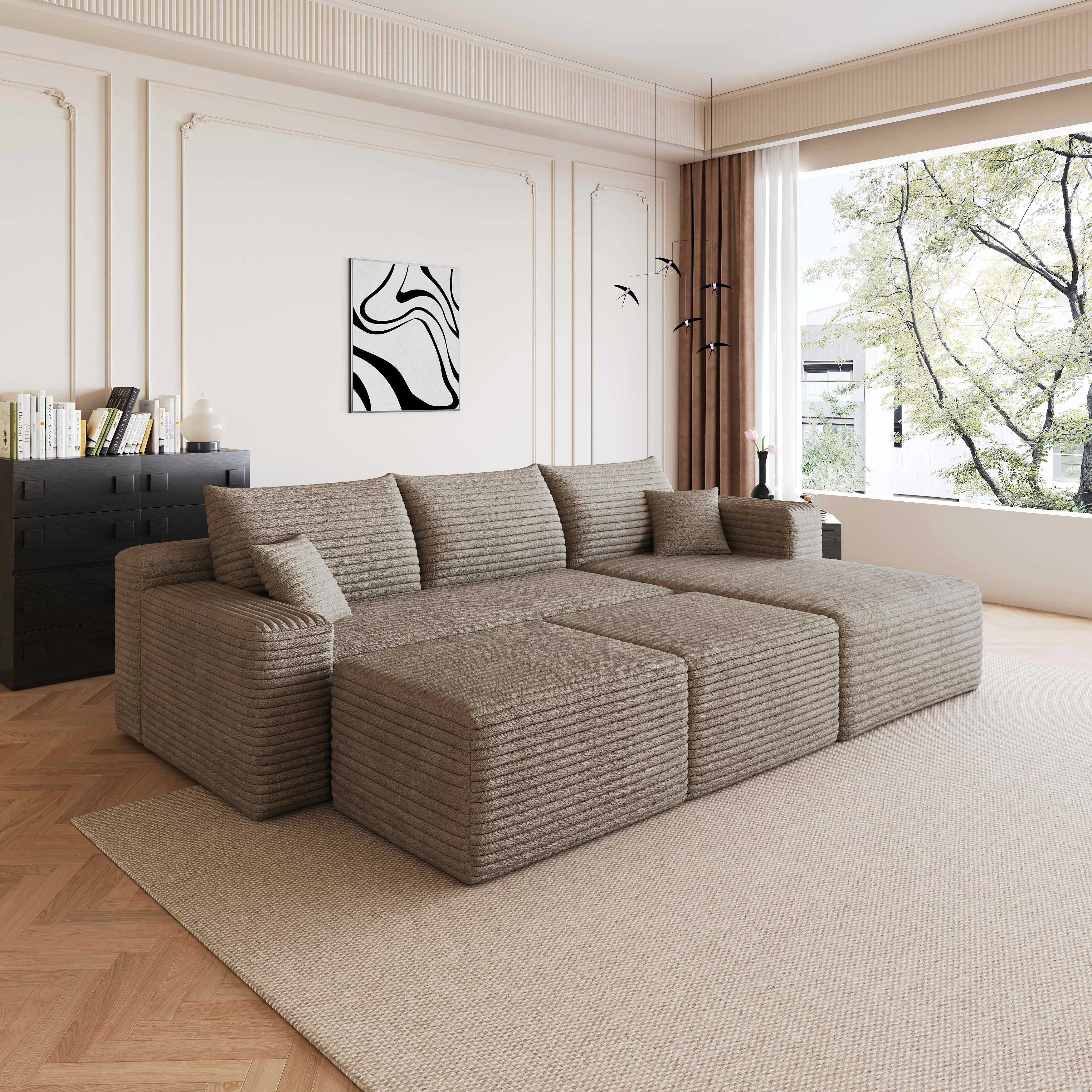 MAYEERTY 95" Cloud Sectional Sofa with 2 Ottomans, U-Shaped Corduroy Deep Seat Couch, No Assembly for Living Room, Brown