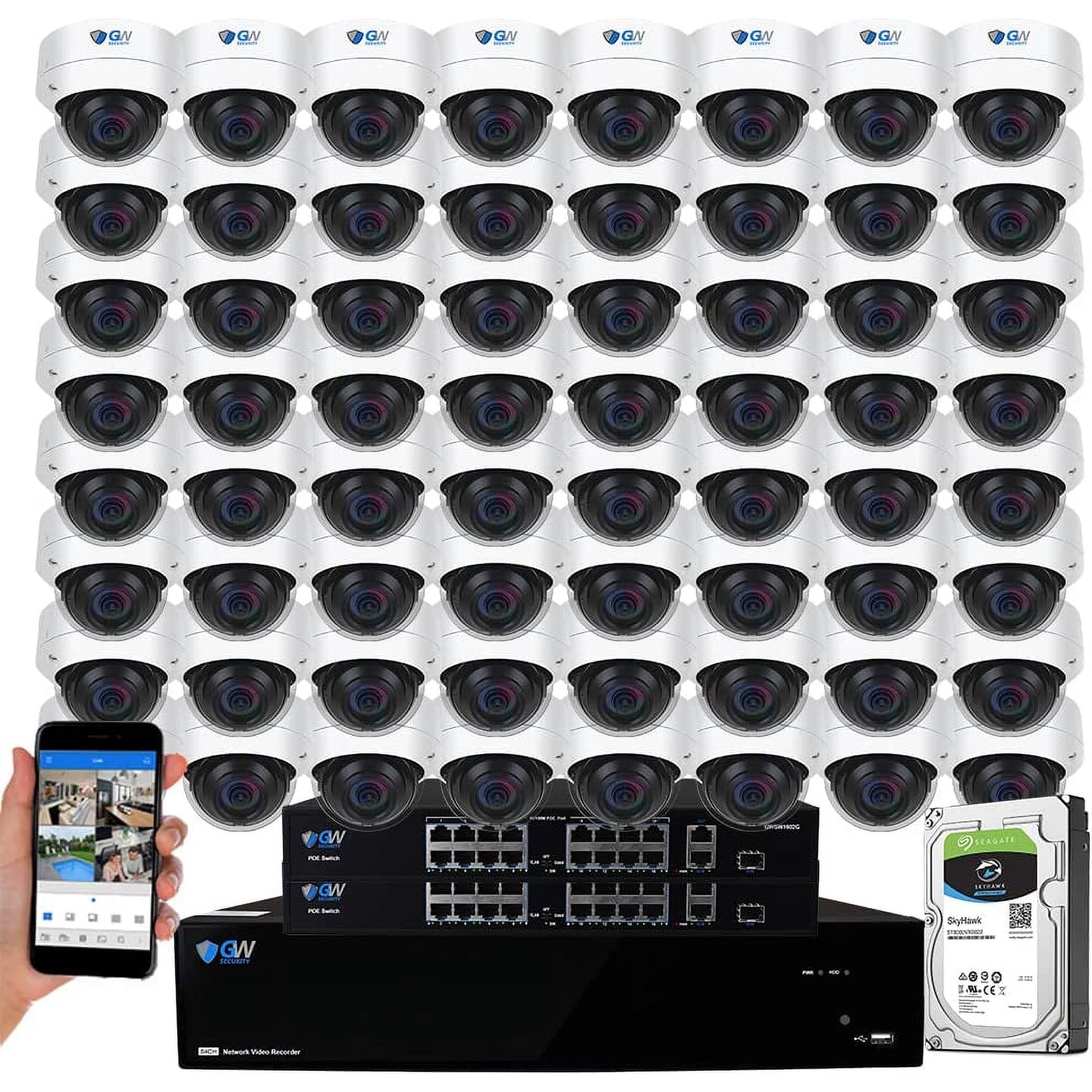 GW Security 64 Channel 12MP NVR UltraHD 4K Face/Human/Vehicle Detection PoE Security Camera System with 64 x 8MP IP Microphone AI Dome Camera, 100ft Night Vision, Outdoor/Indoor Surveillance Camera