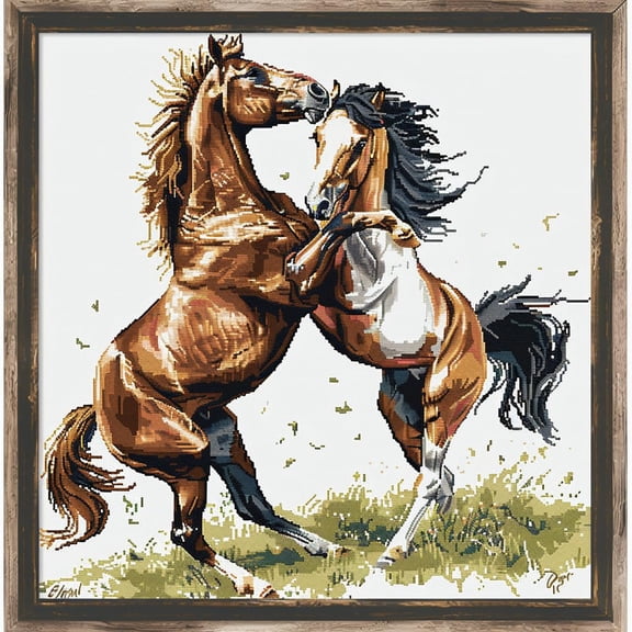 Two Horses Playing DIY 11CT Stamped Cross Stitch Kits for Beginners Easy Needlepoint Embroidery Counted Cross Stitch Art Craft for Wall Decoration 14x14inch(1)