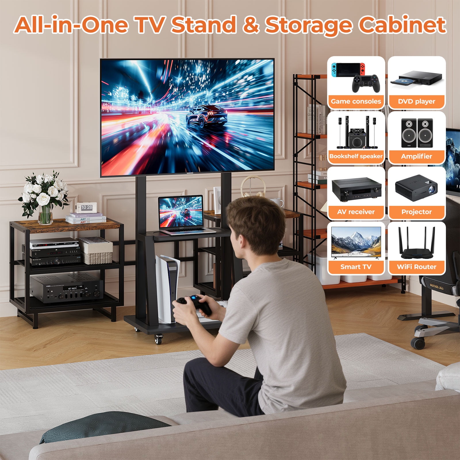 Rolling TV Stand with Storage Shelf for 32-75'' Screen, Mobile TV Stand Height Adjustable Entertainment Center for Living Room Bedroom Office