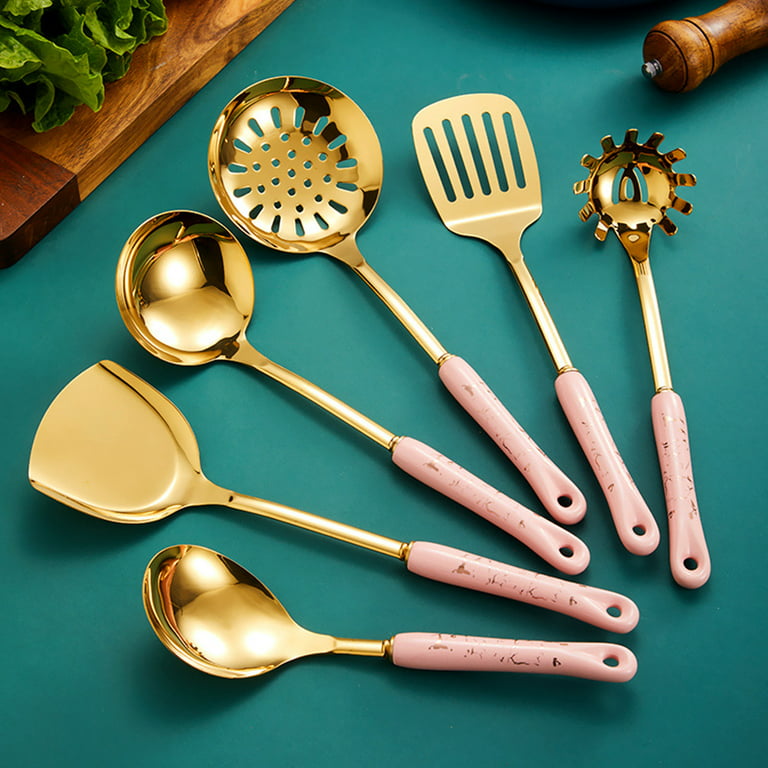  Gold Kitchen Utensils Set with Wooden Handle, 8 PCS Brass  Stainless Steel Cooking Utensil - Spatula, Ladle, Solid Serving Spoon,  Slotted Serving Spoon, Skimmer Spoon, Spaghetti Server, Slotted Spatula :  Home