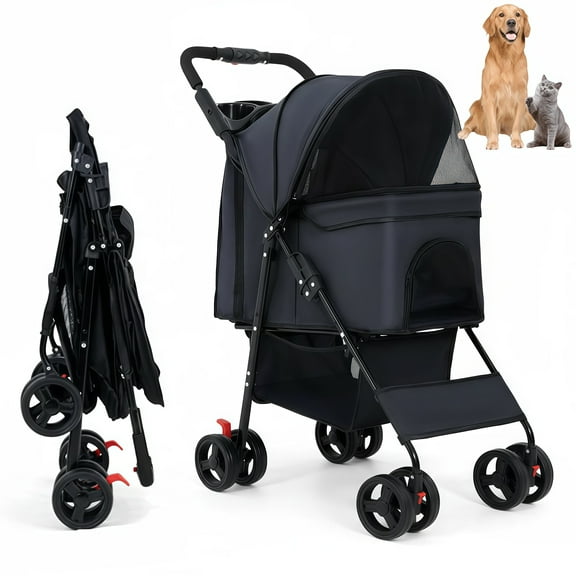 Pet Stroller for Small Dogs, Quick Fold Lightweight Dog Stroller with Mesh Window, Rain Cover, Storage Basket, Cup Holder & 4 Wheels, Black, Up to 44 lbs, Durable Oxford Fabric
