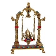 Brass World Brass Ganesha Swing Ganesh Ganpati on Jhoola Statue Decorate with Color Gemstone Handwork Height 12 Inches