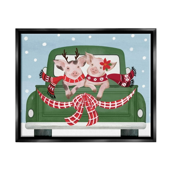 Farmhouse Pigs Green Holiday Truck Holiday Graphic Art Jet Black Framed Art Print Wall Art