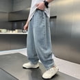 thumbnail image 4 of LRen Blue Jeans for Boys High Waisted Solid Color Wide Leg Denim Pants Boy Casual Baggy Fashion Trousers Streetwear with Pockets,Blue,7-8 Years, 4 of 7