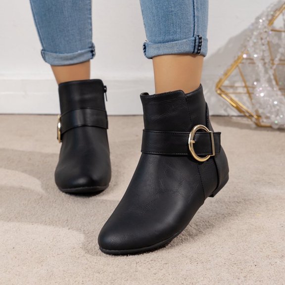 JUSLIO Winter Boots for Women,Flat Boots Solid Color Ankle Boots Fashion Casual Comfort Zipper Womens Boots