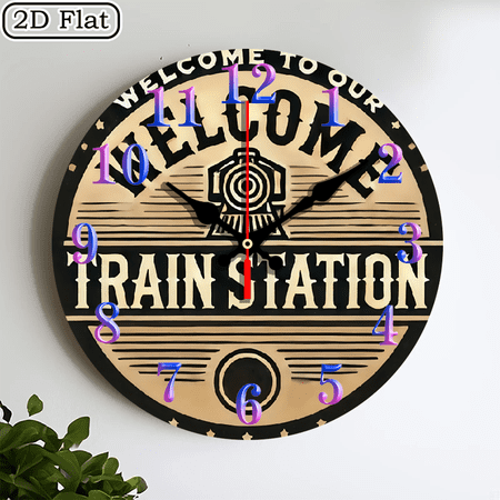 2 D flat wooden wall clock, our train station wall clock, silent clock, living room bedroom, room