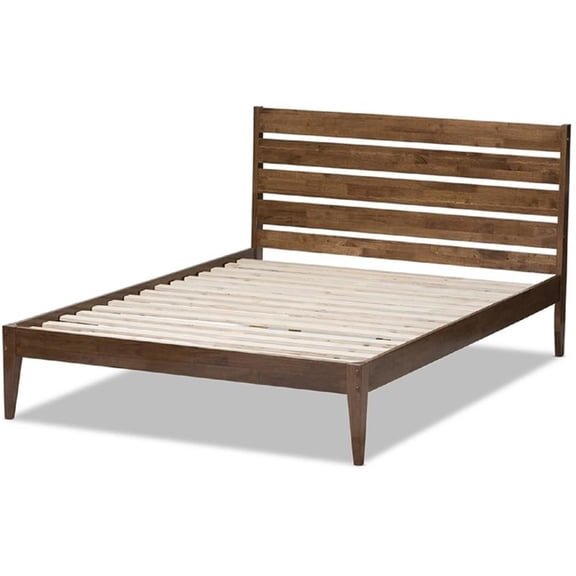 Baxton Studio Elmdon Mid-Century Modern Solid Walnut Wood Slatted Headboard Style King Size Platform Bed