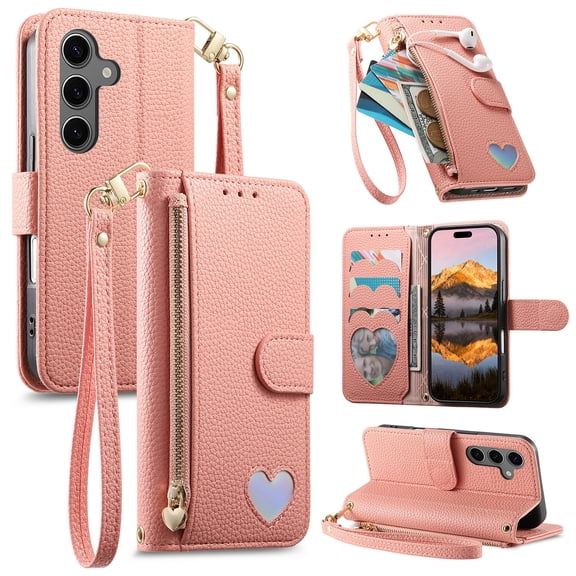 Wallet Case for Samsung Galaxy A26 5G with Credit Card Holder & Wrist Hand Strap & Zipper Pocket, Magnetic Clasp PU Leather Shockproof Flip Stand Protective Cover for Samsung Galaxy A26 5G, Pink