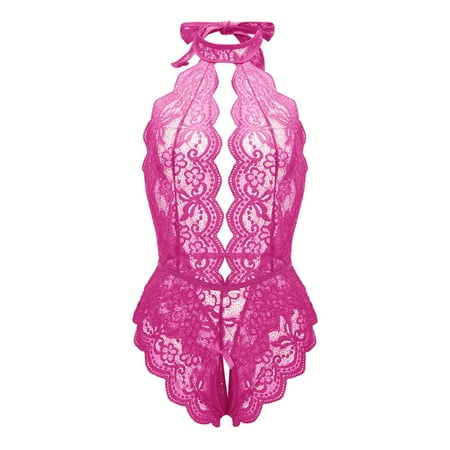 Sehao Women Lingerie Lace Bodysuit Deep V Teddy Nightgown Hot Pink M