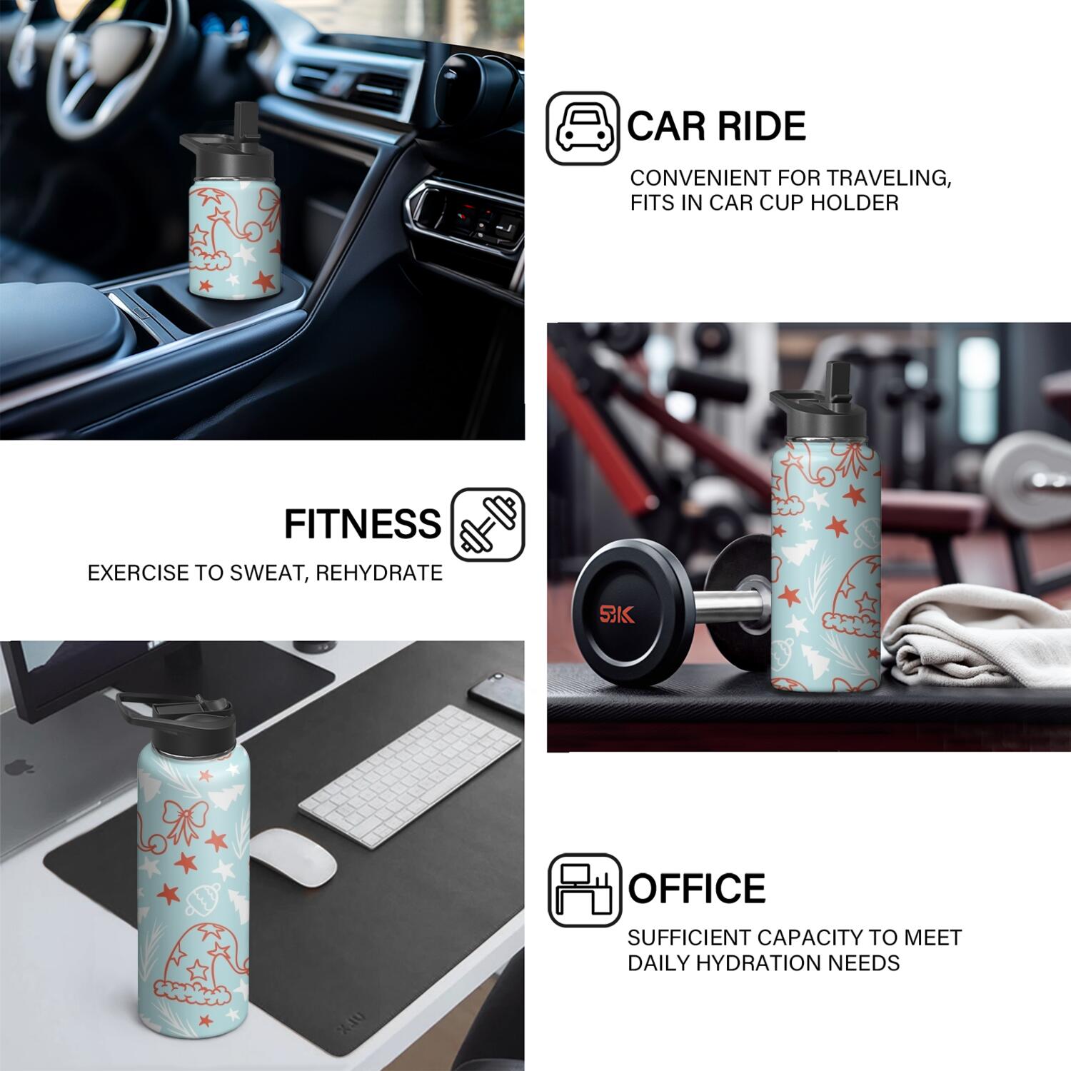 Christmas 18 oz Insulated Stainless Steel Water Bottle with Straw & Cleaning Brush , Leakproof, BPA-Free, 304 Stainless Steel, Wide Mouth, Travel Mug for Car, Gym, Office