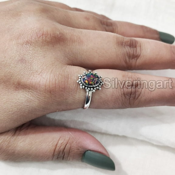 Natural Black Opal Ring, Black Opal Gemstone Ring, October Birthstone, Adjustable Tiny Ring, Toe Ring, 925 Sterling Silver, Womens Bohemian Ring, Christmas, Thanksgiving, Handmade Statement Jewelry