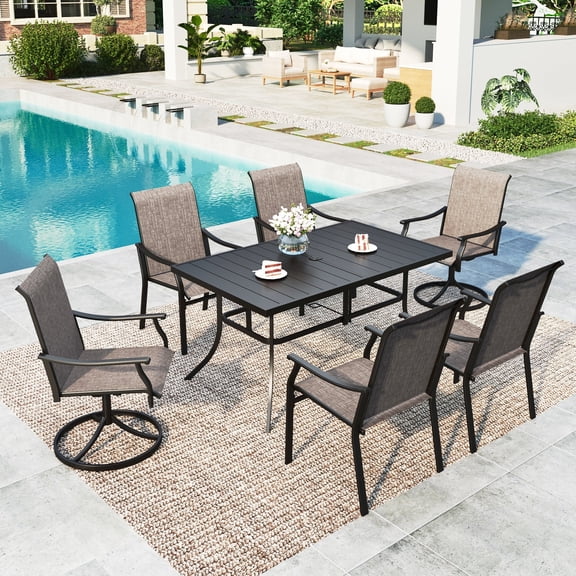 SUMMIT LIVING 7-Piece Outdoor Patio Textilene Dining Set with 2 Swivel Chairs, 4 Fixed Chairs & 60" Rectangle Steel Table with Umbrella Hole for 6 Person, Black & Grayish-brown