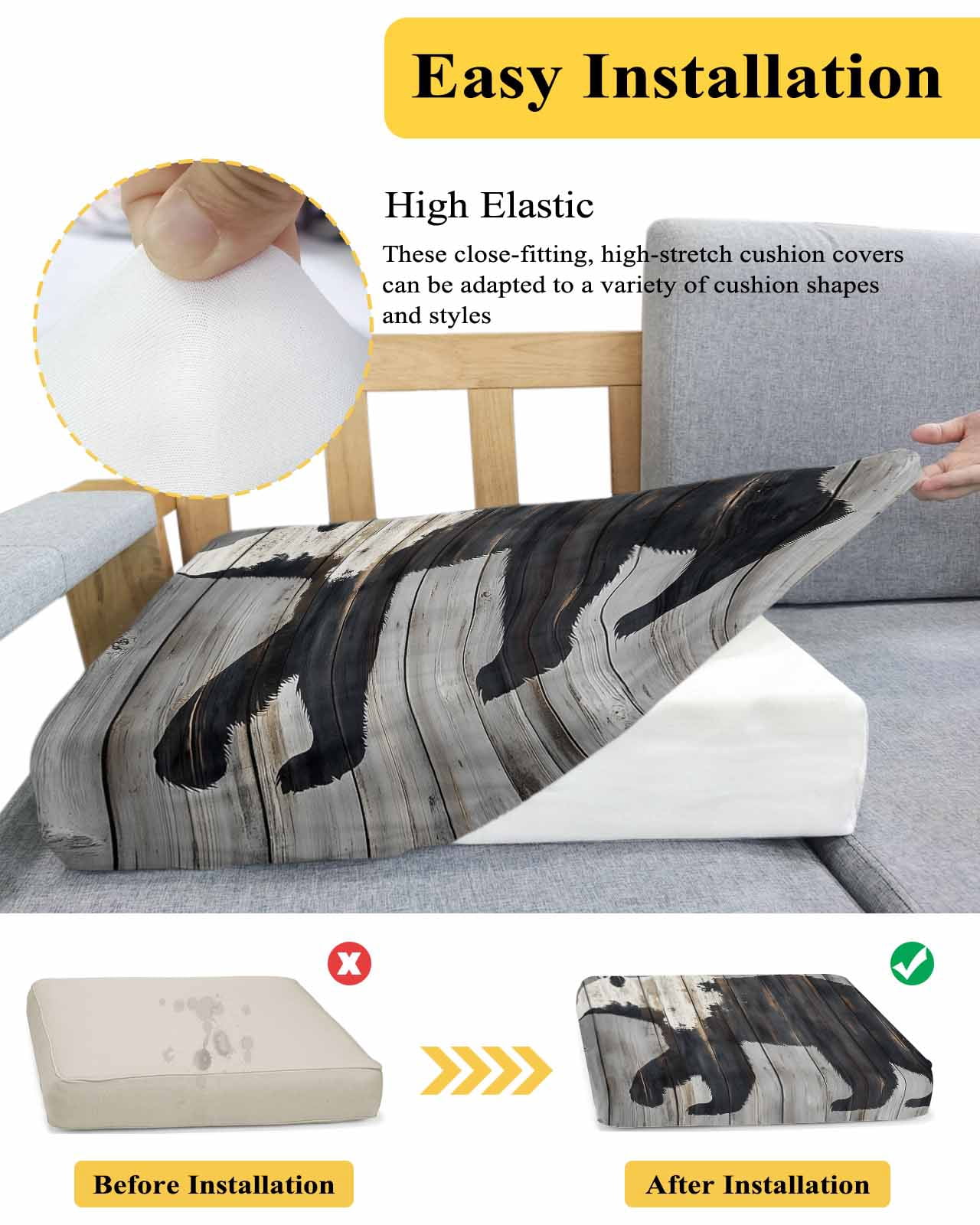 Black White Bear Sofa Couch Cushion Covers Washable, Removable Stretchable Sectional Couch Covers, Vintage Country Rustic Wooden Grain Slipcovers for L & T Shape Sofa Furniture Protector S Size 3 pcs