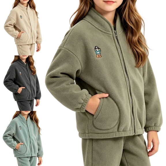 WAVSUF Girls Fleece Zip Jacket, Long Sleeve Warm Lined Zip Front Winter Warm Casual Coat Green 7-8