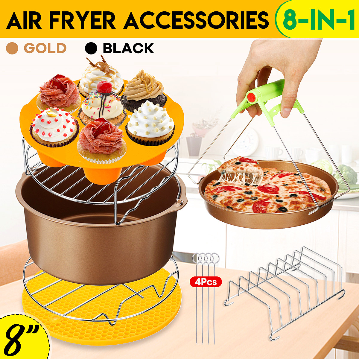 8PCS 8" Gold Air Fryer Frying Cage Dish Baking Pan Rack Pizza Tray Pot
