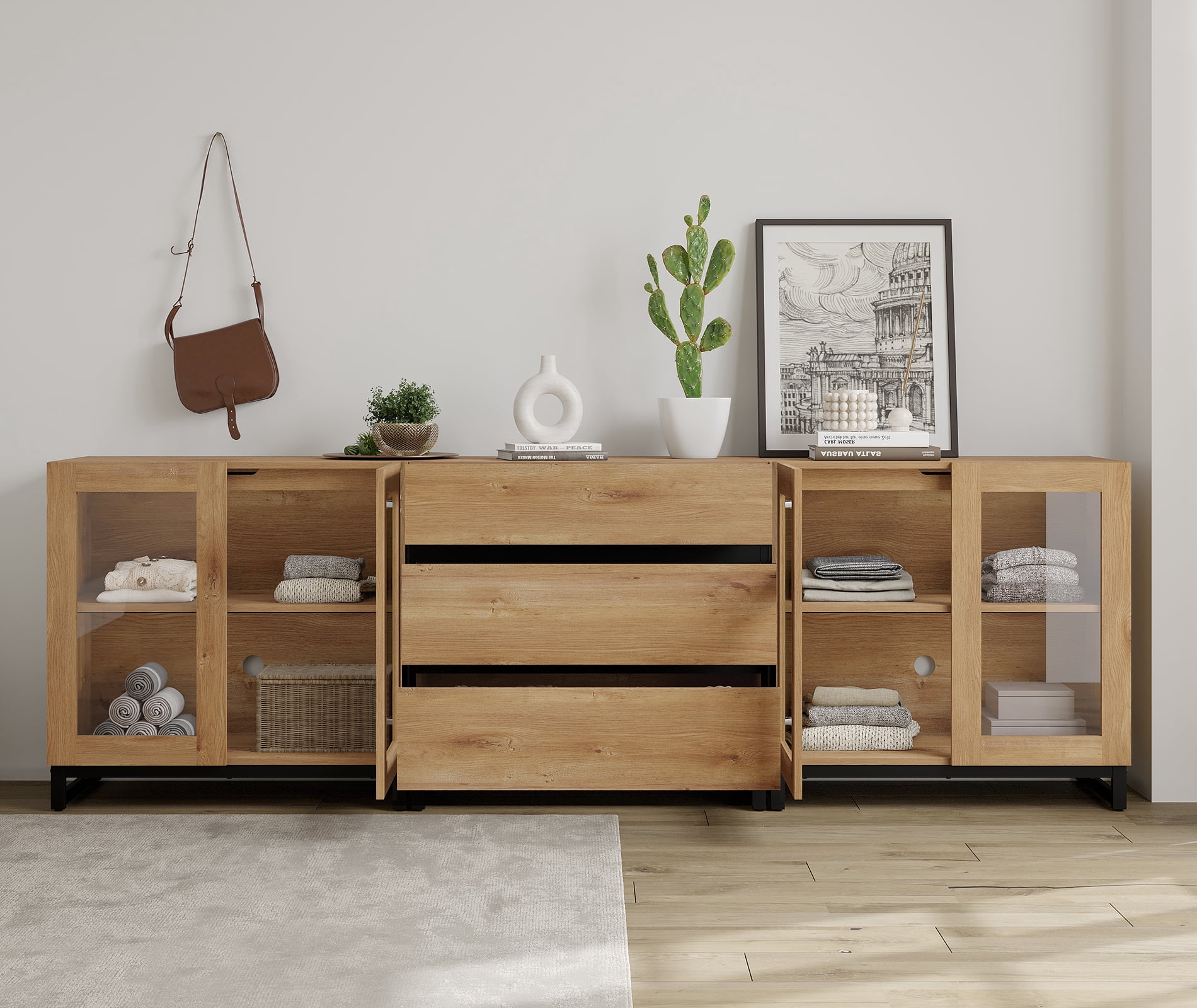 3 In 1 Modern Dresser with Glass Doors & 3 Drawers, Storage Cabinet with Adjustable Shelf, Practical Chest of Drawers for Bedroom,Oak