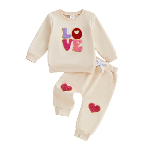 Girls Sweatsuit Fall Winter Girls 2 Piece Casual Outfit Crew Neck Long Sleeve Letter Print Top and Pants Soft Coordinated Playwear for Toddler Kids Kids Sweatsuit Beige 6 Months-12 Months