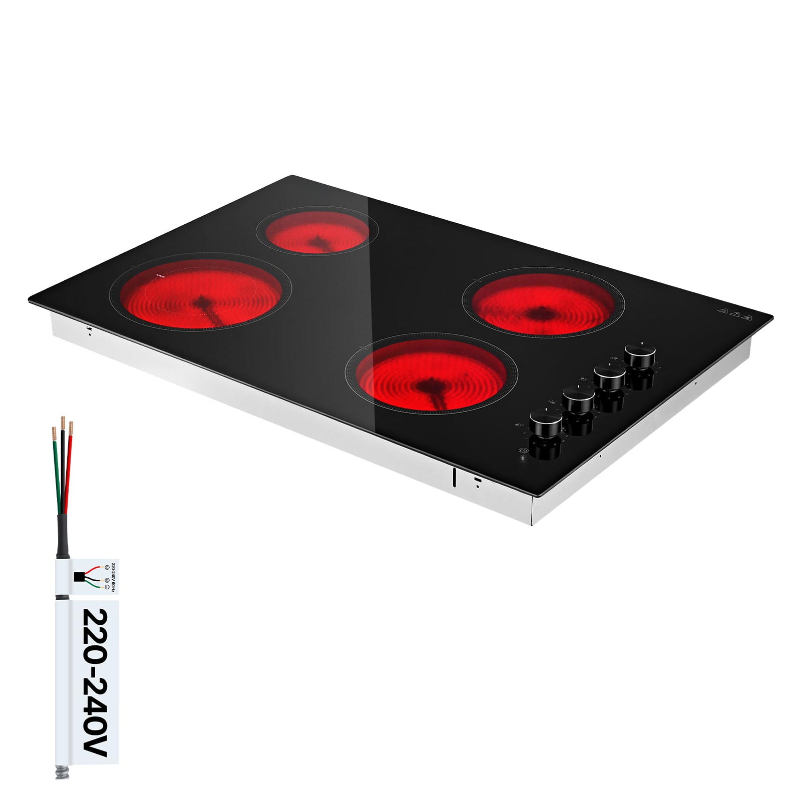 KFFKFF 30-Inch Electric Cooktop with 4 Burners, 7200W, 220V, Ceramic Built-In Radiant Stove, Features 11 Heat Settings, Overheat Protection, and Dual Control Options