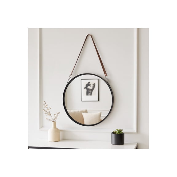 Round Hanging Mirror with Leather Strap for Bedroom and Decorative Wall Use - Modern Design Home Accent for Hallway, Entryway, Living Room - Ideal for Dorm Rooms or Bathroom Spaces - 28", Black