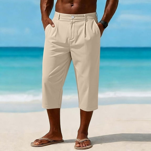 Oiangi Capris for Men Elastic Waistband Breathable Dress Pants Casual Button Zipper Beach Capri Pants with Pockets Beige 3XL