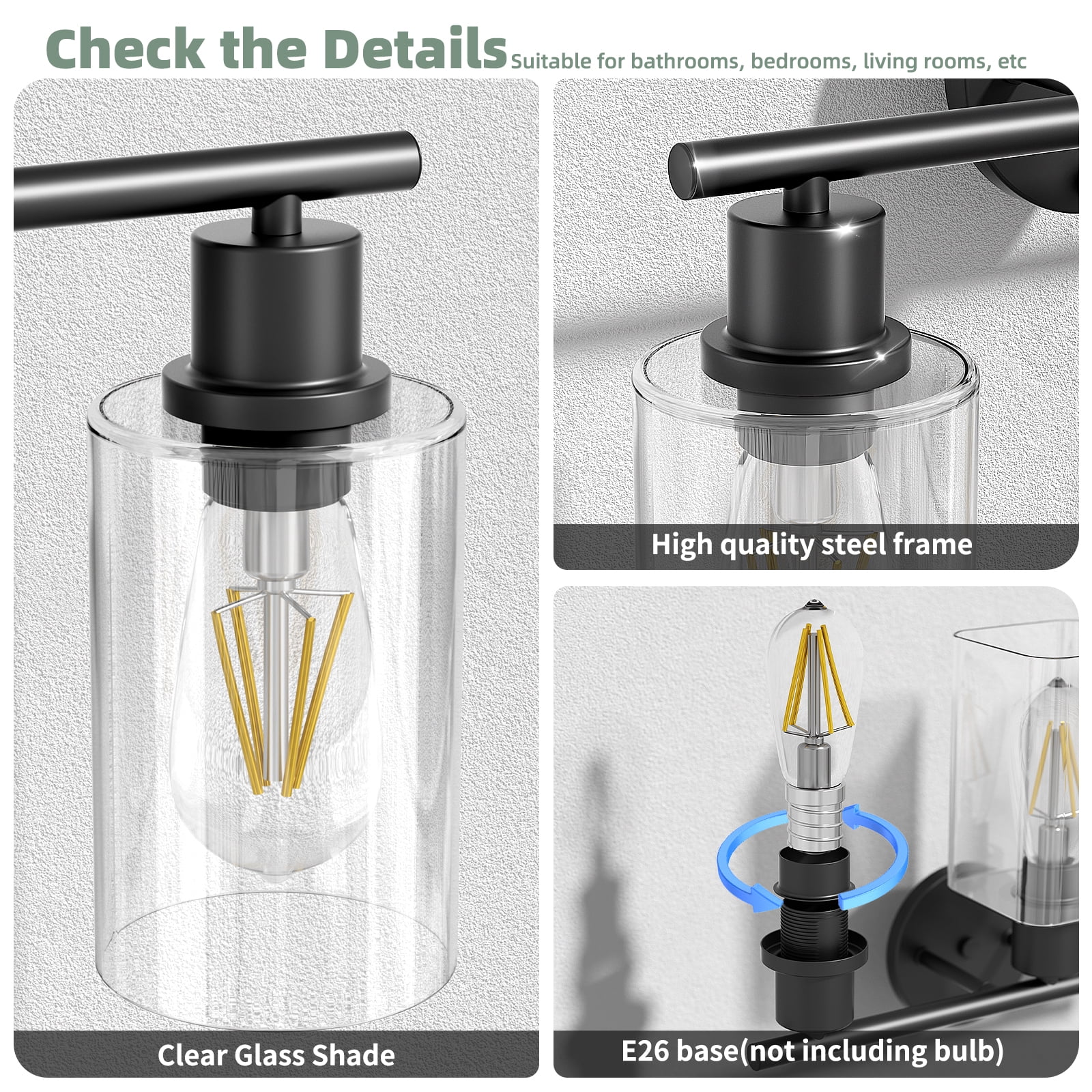 Cshidworld 3-Light Black Dimmable Vanity Light with Clear Glass Shade