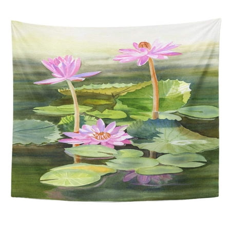 ZEALGNED Three Pink Water Lilies with Pads Watercolor Painting Growing Out Pond Colorful Lily Wall Art Hanging Tapestry Home Decor for Living Room Bedroom Dorm 51x60