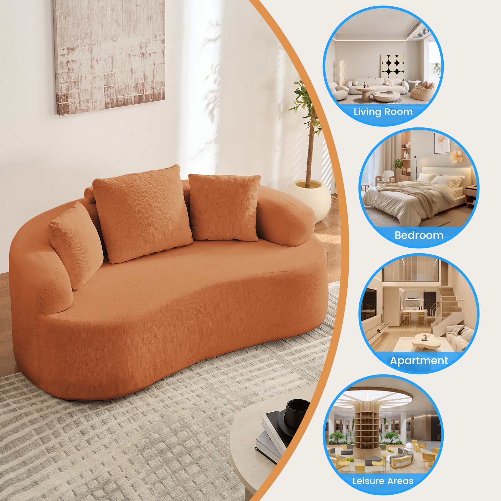 ZAFLY 67” Cloud Comfy Sofa, Deep Seat Loveseat for Living Room, Chenille 2 Seater Cloud Couch, No Assembly Required - Orange