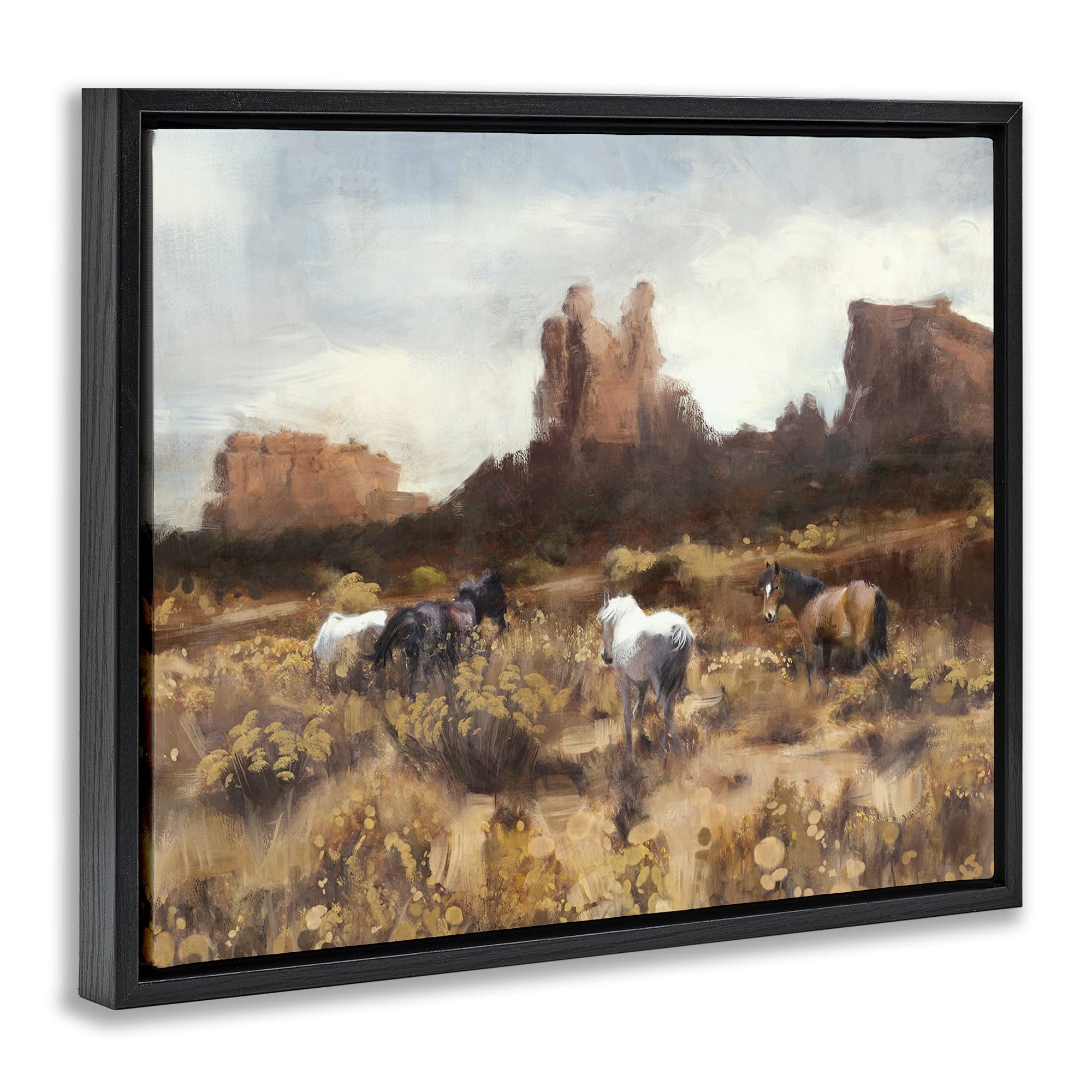 Stupell Industries Desert Horses Landscape Landscape Painting Black Floater Framed Canvas Art Print Wall Art, 21 x 17