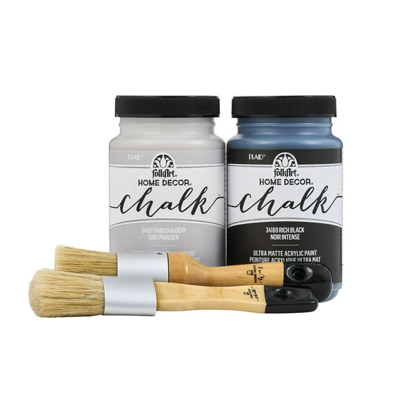FolkArt Home Décor Chalk 8oz Gray & Black Kit, 4 pc with Ultra Matte Acrylic Paints and a 2 Pc Brush Set