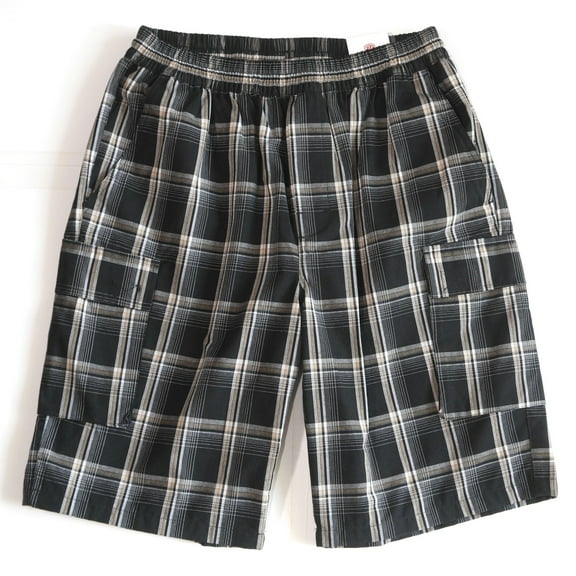 YAGO Men's Elastic Waist Drawstring Relaxed Fit Plaid Cargo Shorts Black Gray A14A (S(30"))