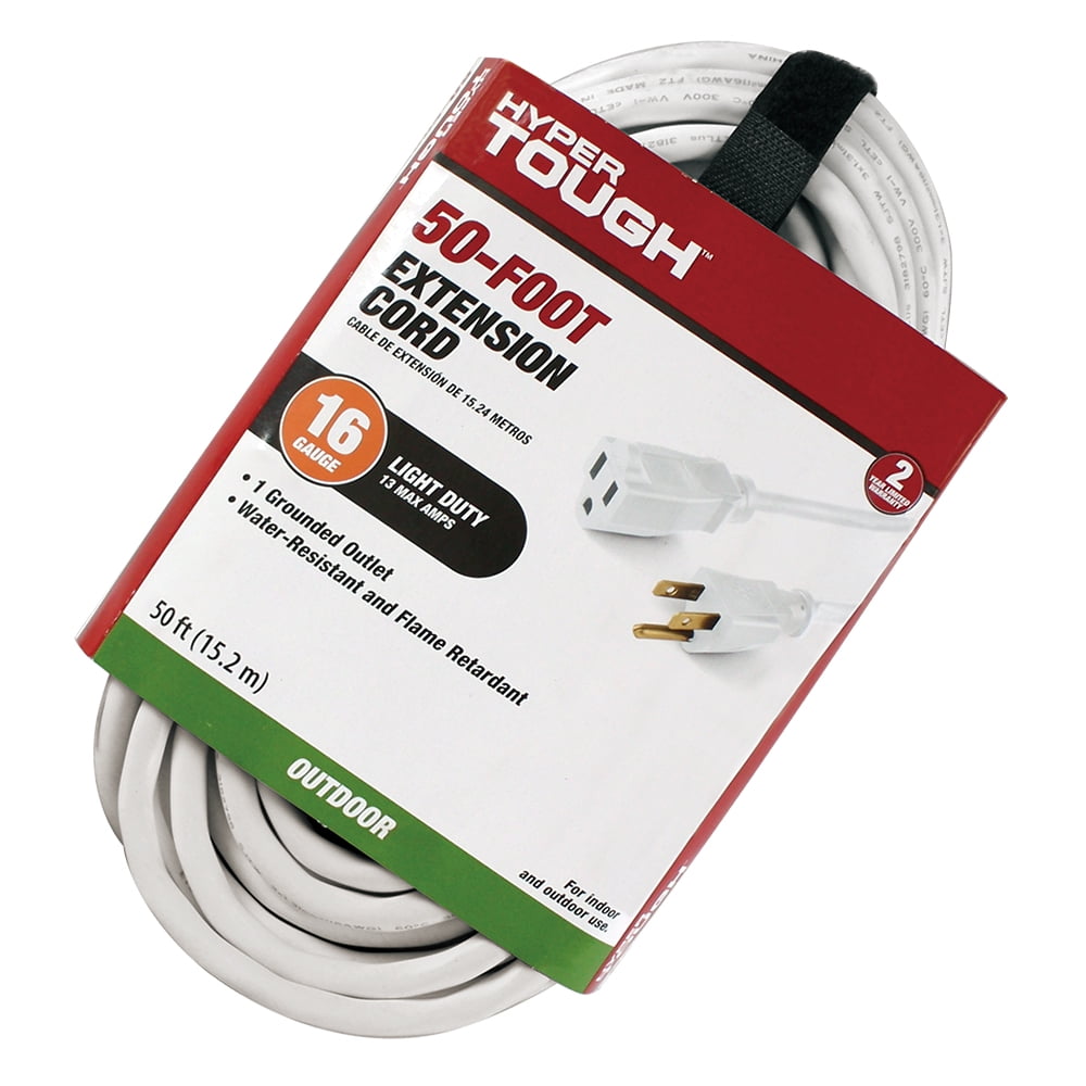 Hyper Tough 50FT 16AWG 3 Prong White Single Outlet Outdoor Extension Cord