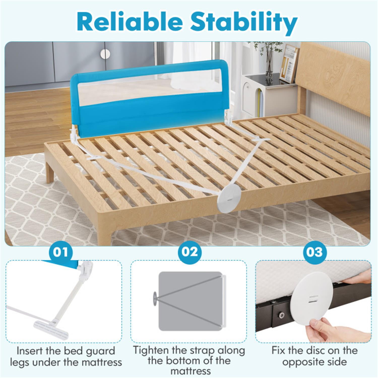 Spaco 59 Inch Folding Breathable Baby Bed Rail Guard with Safety Strap, Bed Rail, Versatile Bed Guardrail for Queen, King, Twin, and Bunk Size Beds, Blue