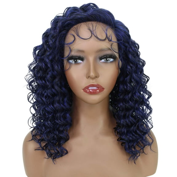 LUXLUXE Nadia 14.5” Side-parted HD Lace Front Medium Length Natural Looking Curls With Fine Baby Hair, Blue and Black Blend
