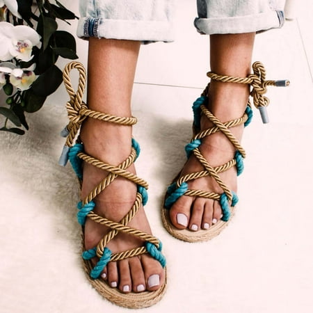 

Rome Women Summer Slippers Hemp Rope Flat Lace Beach Slippers Open Toe Sandals