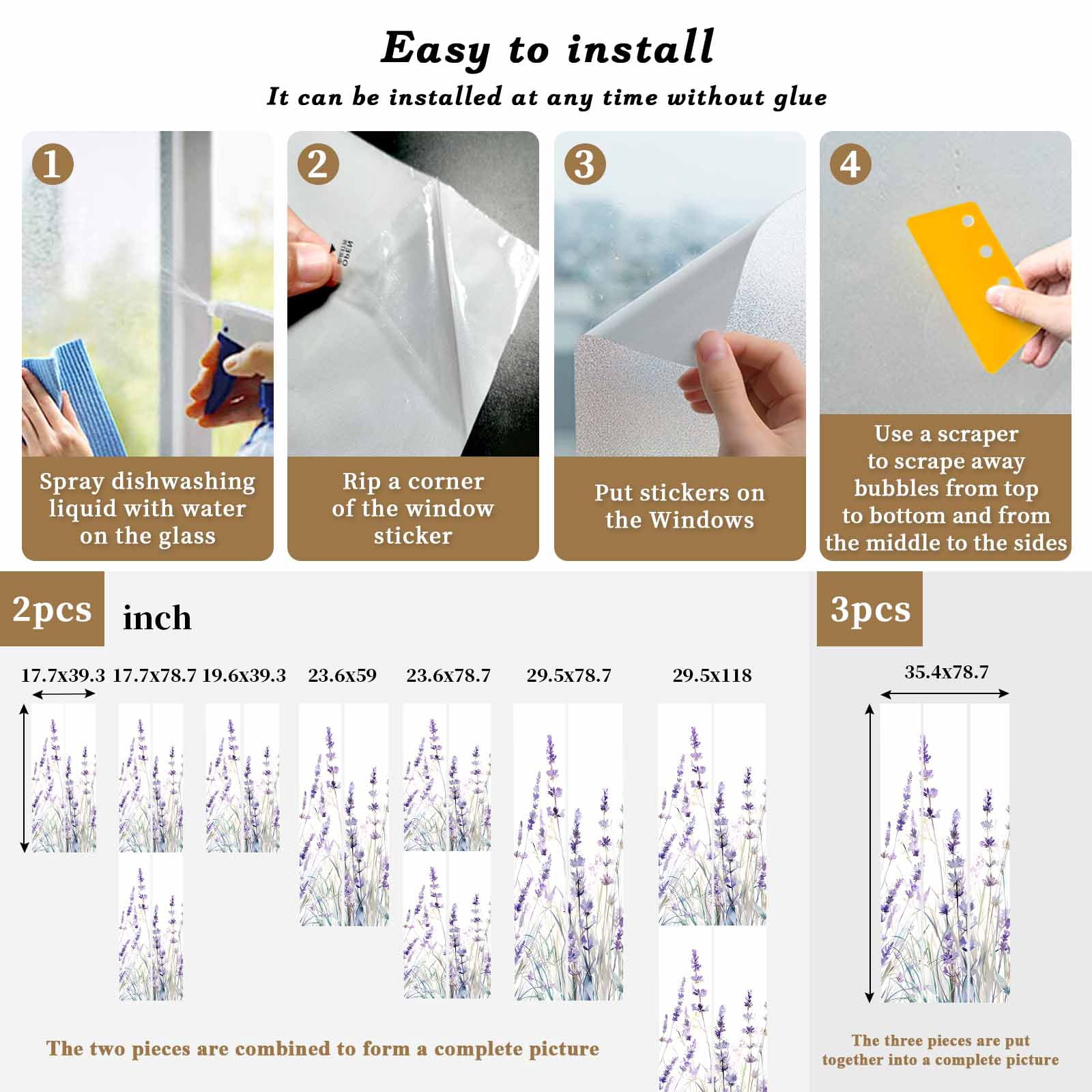 Lavender Floral Window Privacy Film, Spring Flowers Botanical Plants Static Cling UV Sun Blocking Tint Film Heat Control Windows Films for Bedroom Bathroom, Window Stickers 23.6"x59"